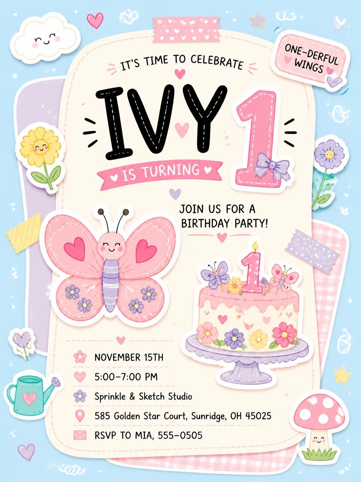 Pink Butterfly Pastel 1st Birthday Invitation