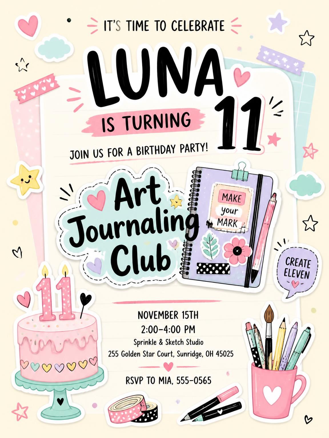Art Notebook Pastel 11th Birthday Invitation