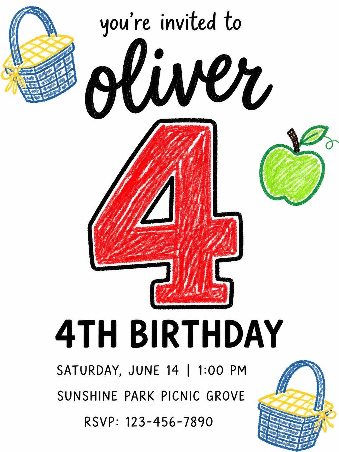 Crayon Picnic Basket 4th Birthday Invitation