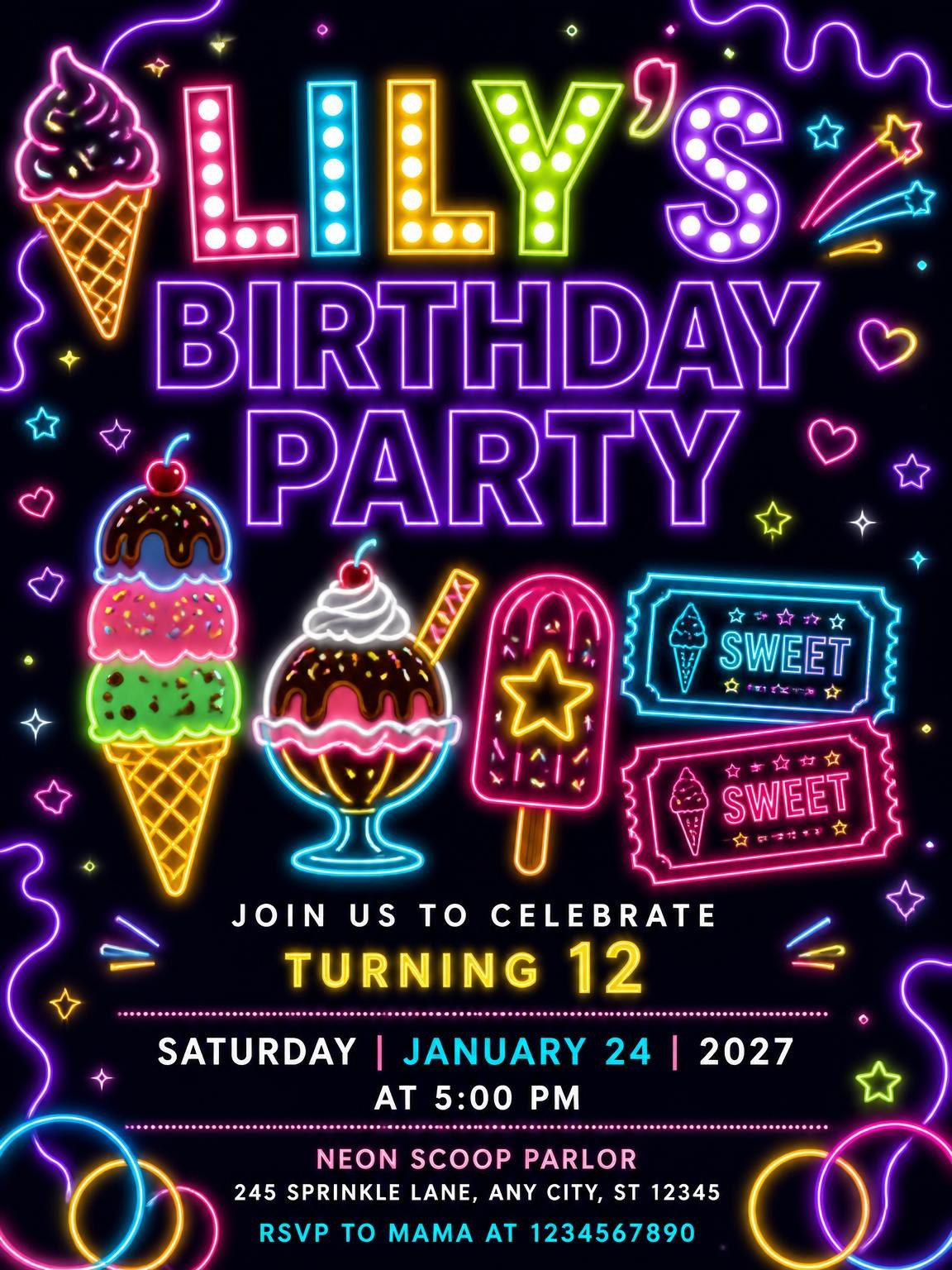 Neon Ice Cream 12th Birthday Invitation