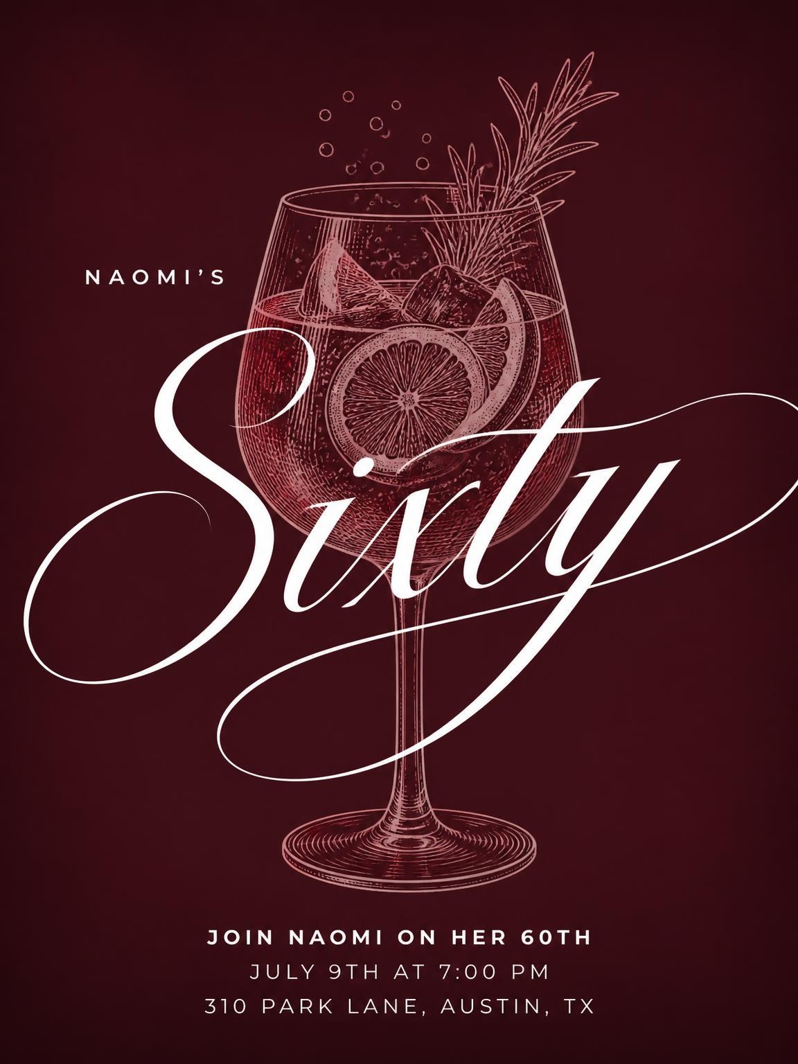 Burgundy Cocktail 60th Birthday Invitation