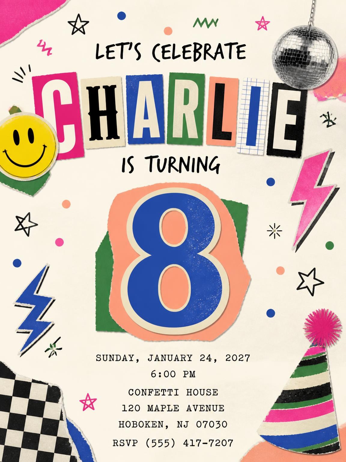 Retro Paper Collage 8th Birthday Invitation