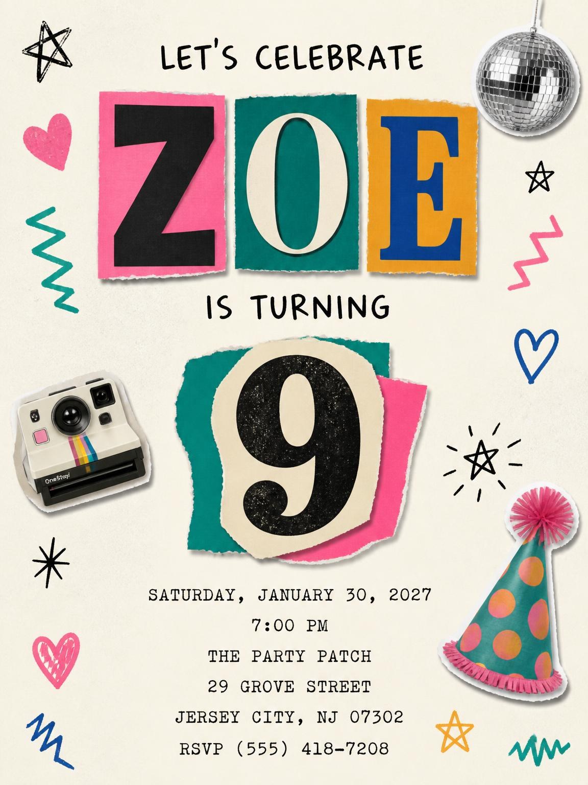 Retro Paper Collage 9th Birthday Invitation