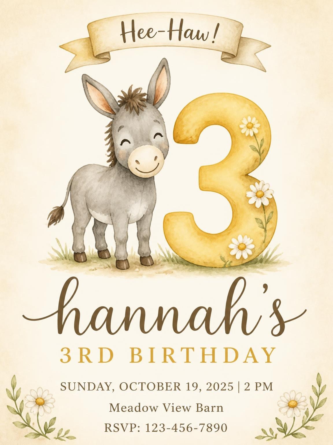 Watercolor Donkey Daisy 3rd Birthday