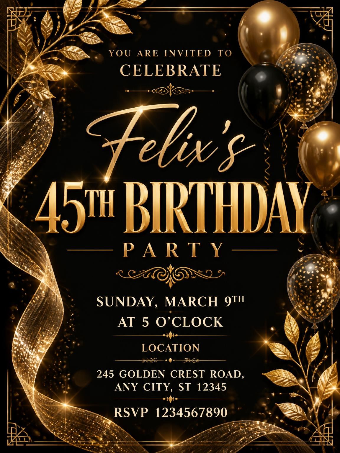 Black and Gold 45th Birthday Invitation