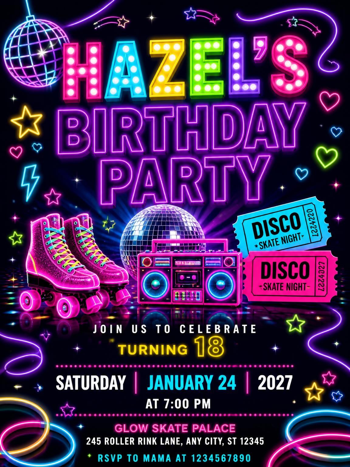 Neon Roller Disco 18th Birthday Invitation