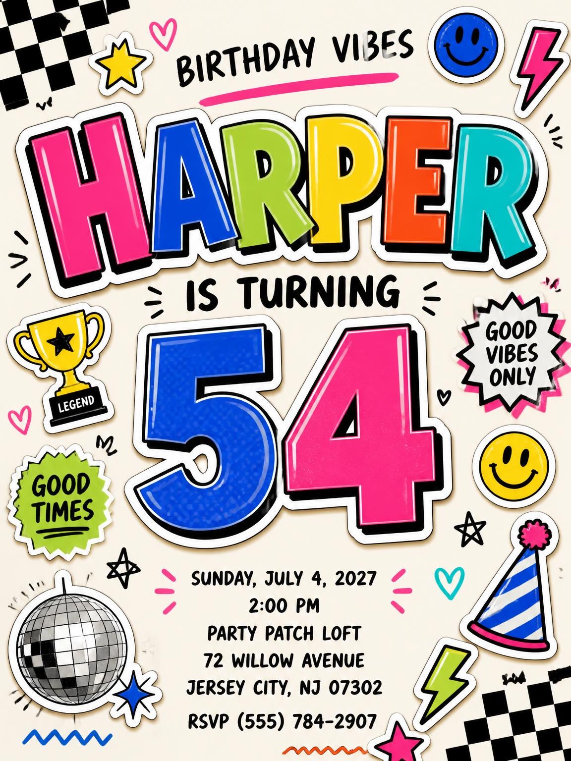 Sticker Pop 54th Birthday Invitation