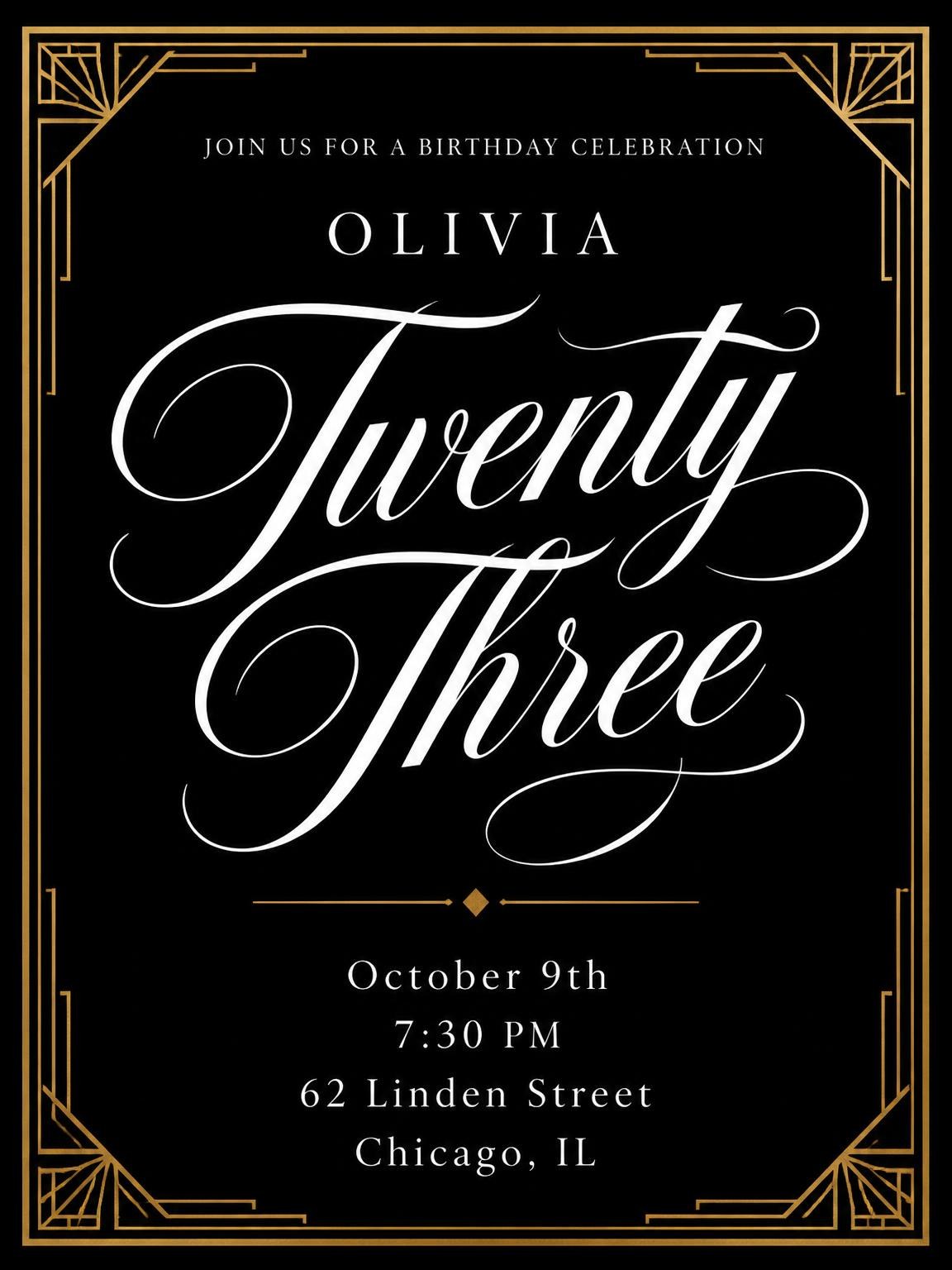 Art Deco 23rd Birthday Invitation