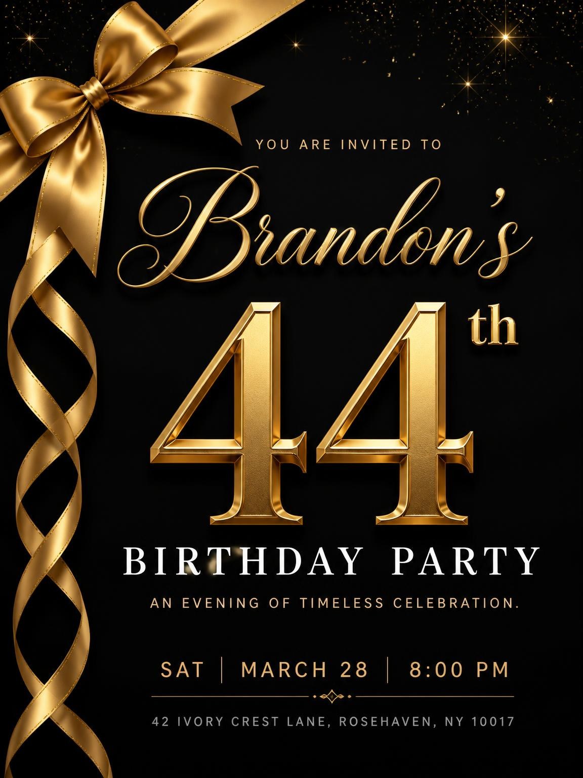 Black and Gold Ribbon 44th Birthday