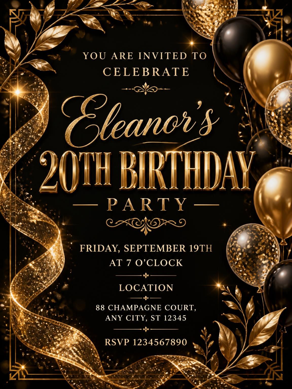 Black and Gold 20th Birthday Invitation