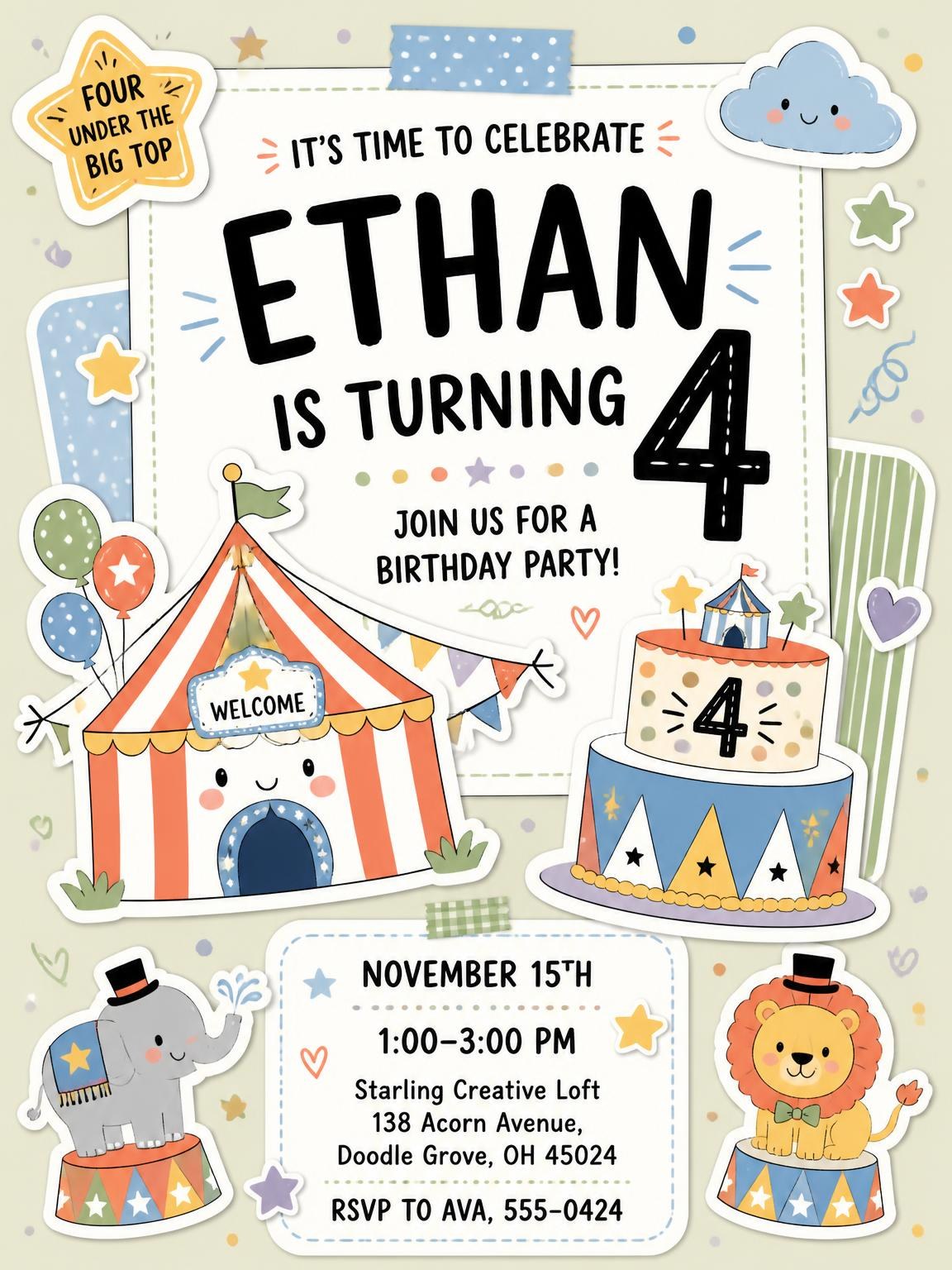 Circus Tent Pastel 4th Birthday Invitation