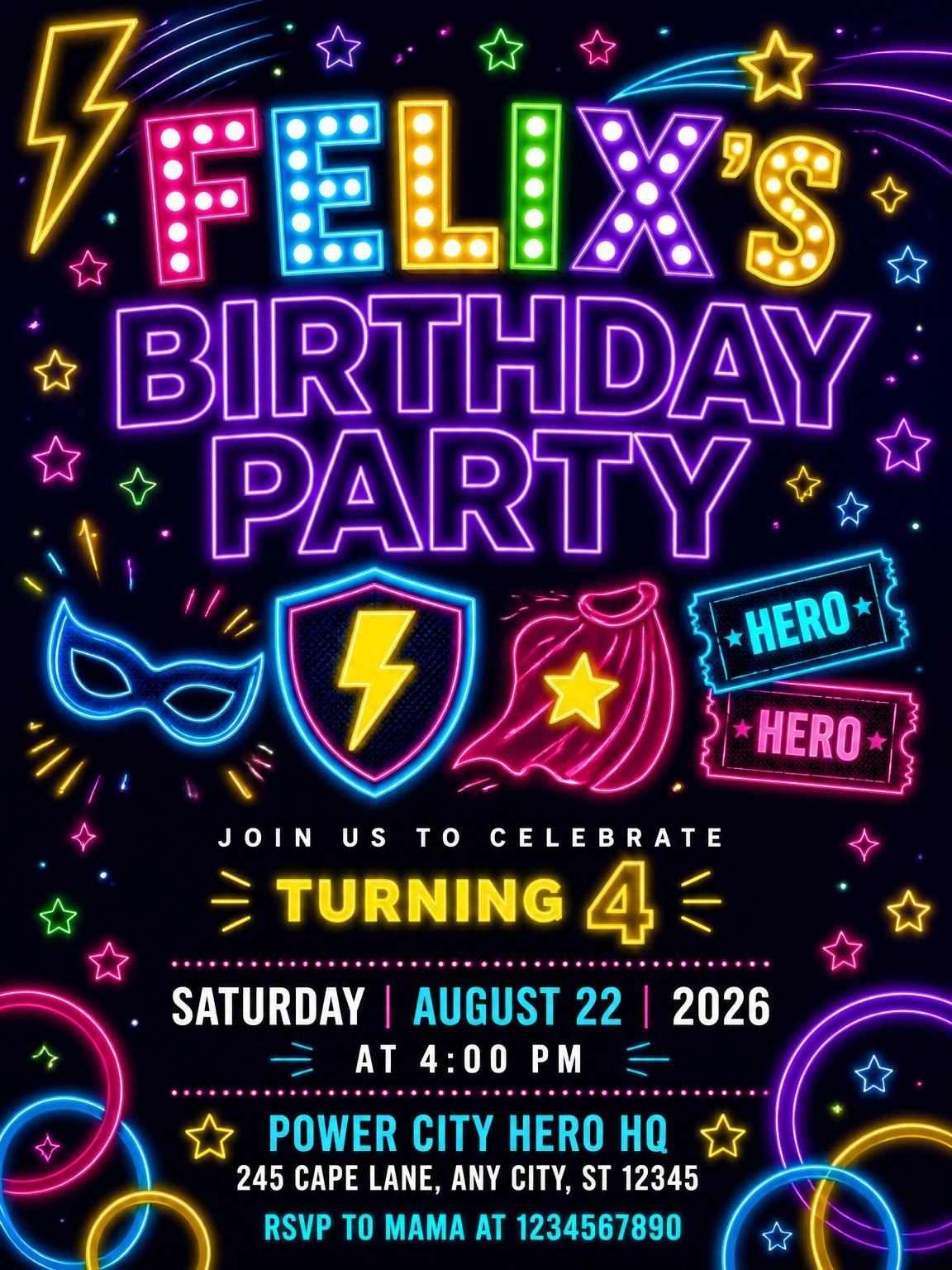 Neon Superhero 4th Birthday Invitation