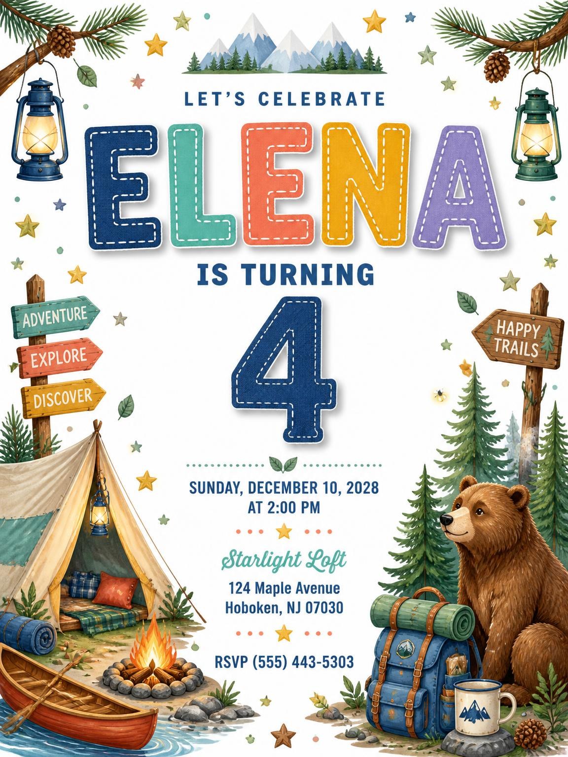 Stitched Camping 4th Birthday Invitation