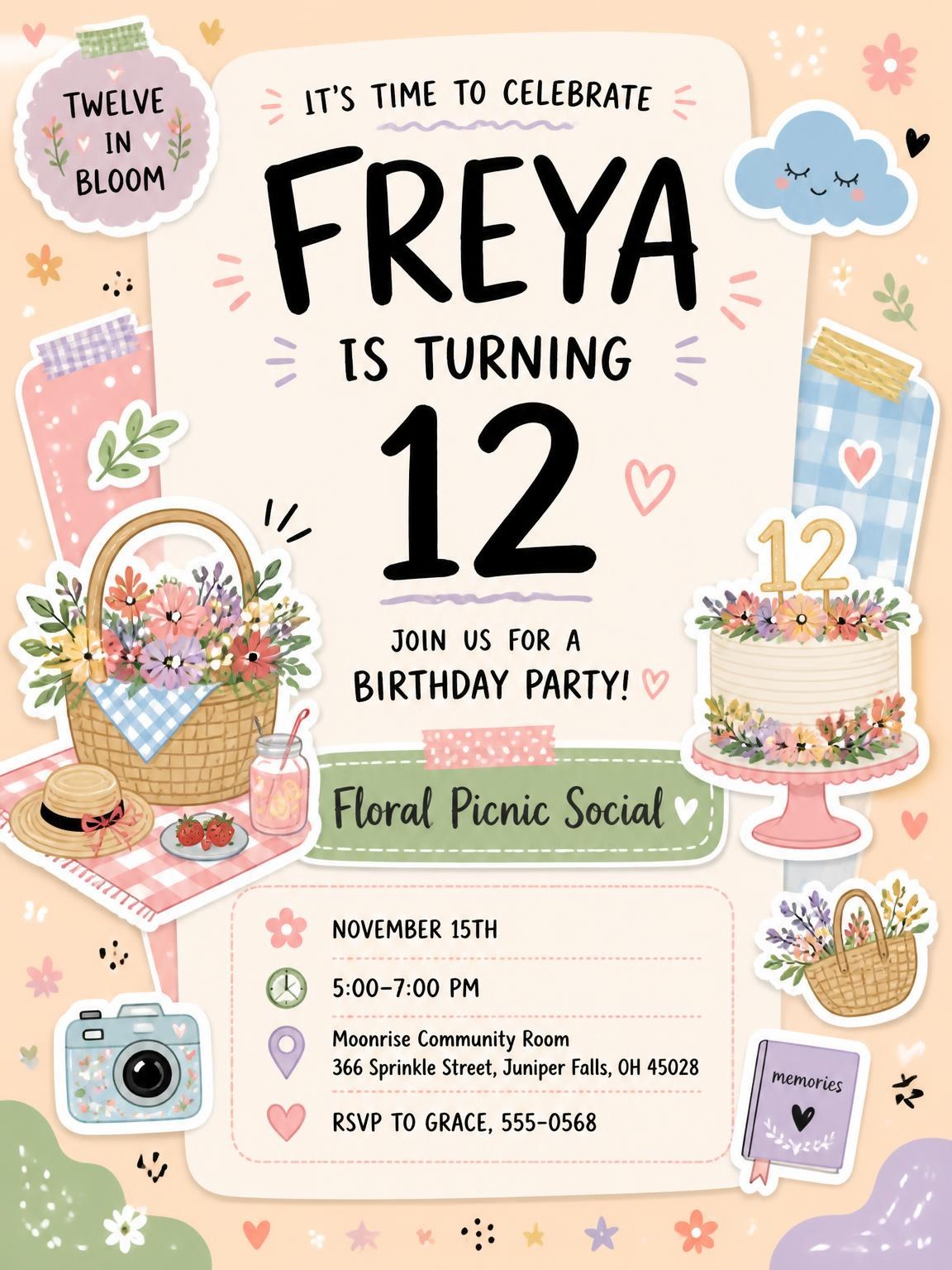 Pastel Floral Picnic 12th Birthday Invitation