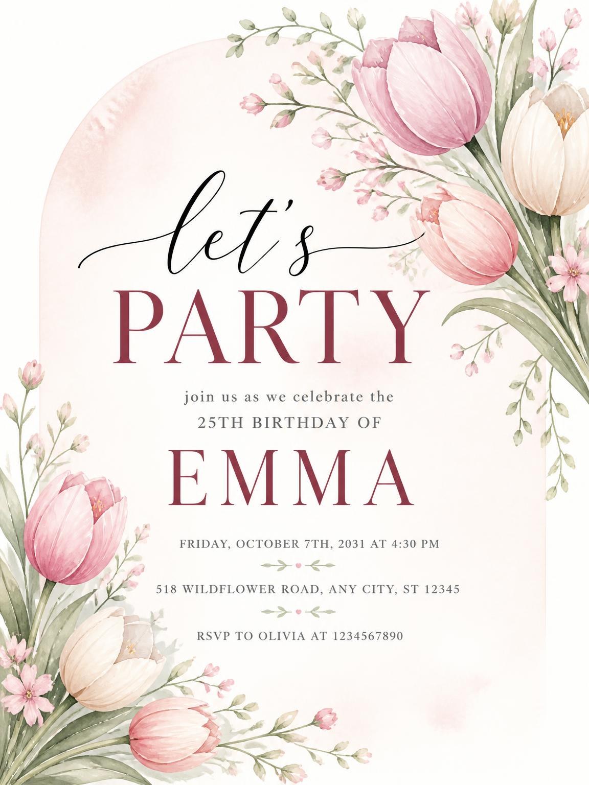 Tulip Bouquet Blush 25th Birthday Invitation