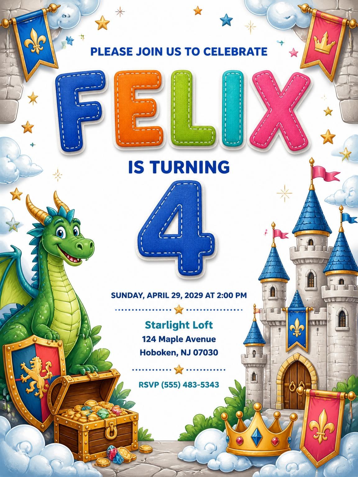 Stitched Dragon Castle 4th Birthday Invitation