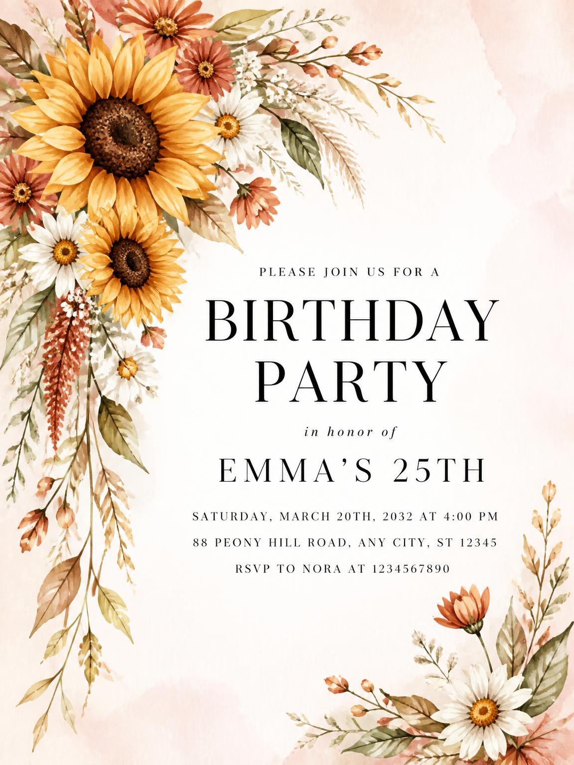 Wildflower Bouquet 25th Birthday Invitation