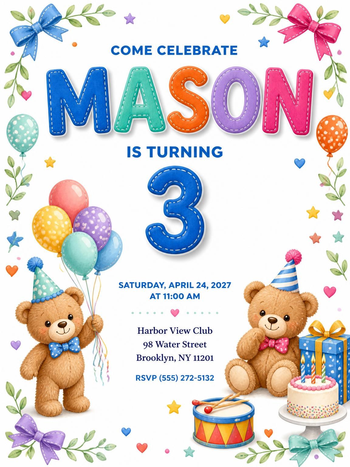Stitched Teddy Bear 3rd Birthday Invitation