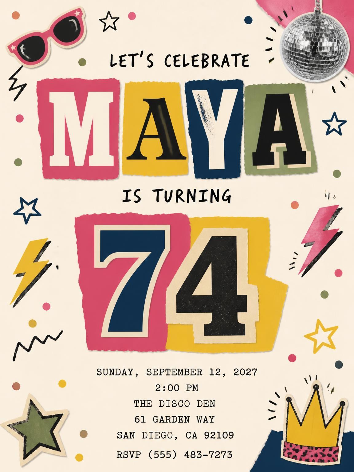 Retro Paper Collage 74th Birthday Invitation