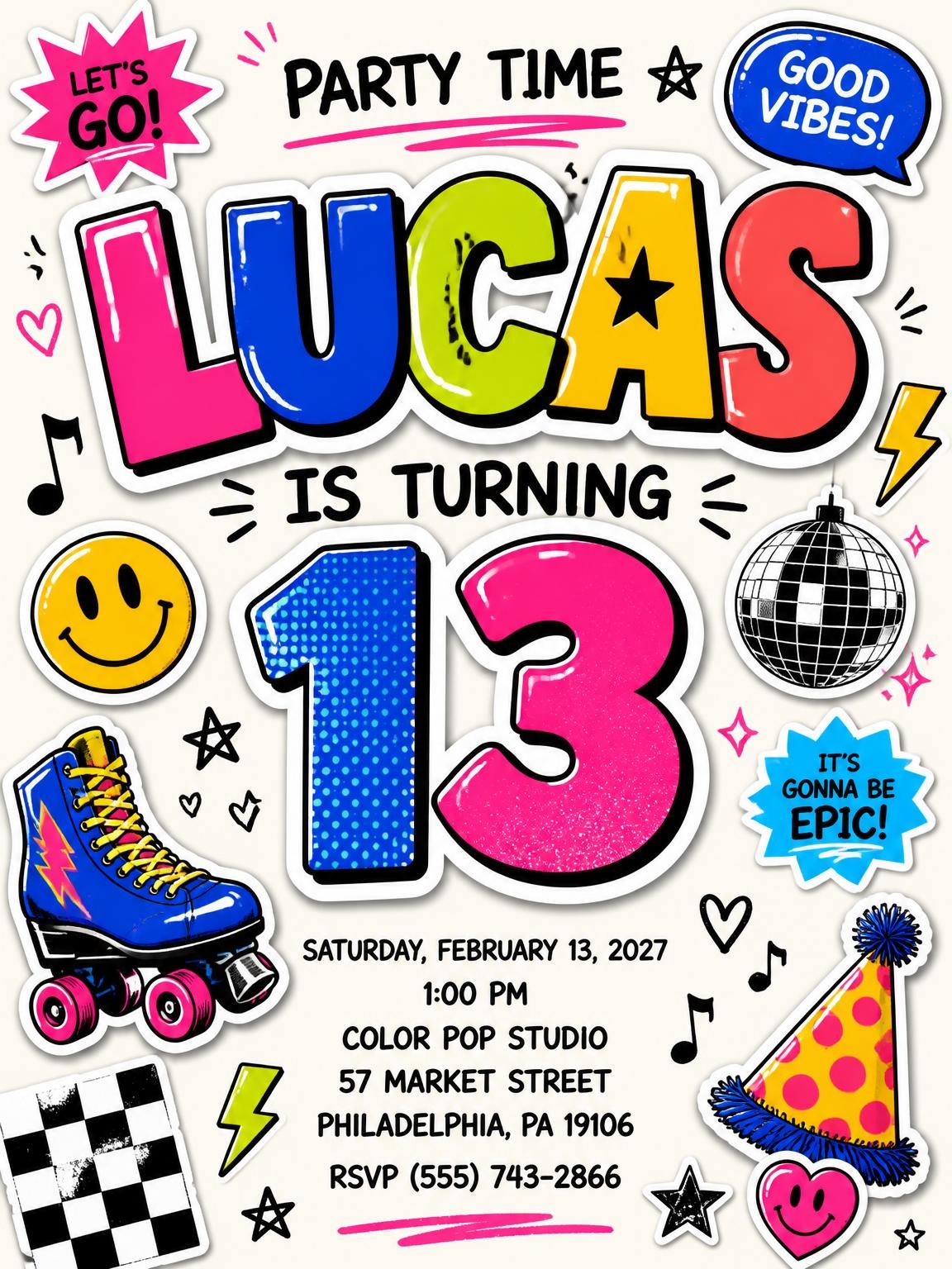 Sticker Pop 13th Birthday Invitation