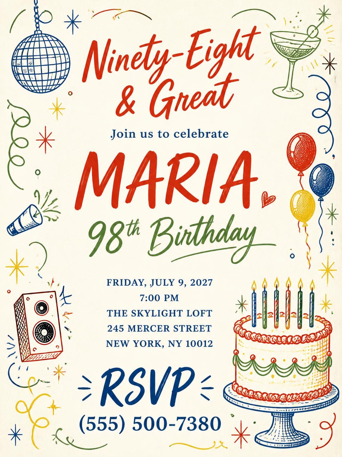 Retro Doodle 98th Birthday Invitation