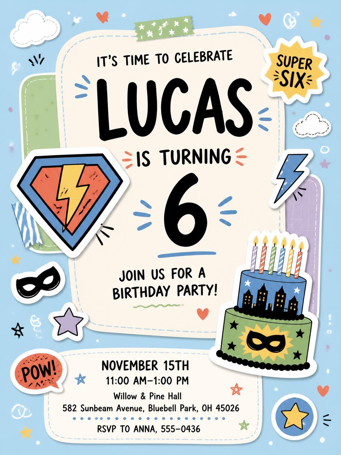 Superhero Emblem Pastel 6th Birthday Invitation