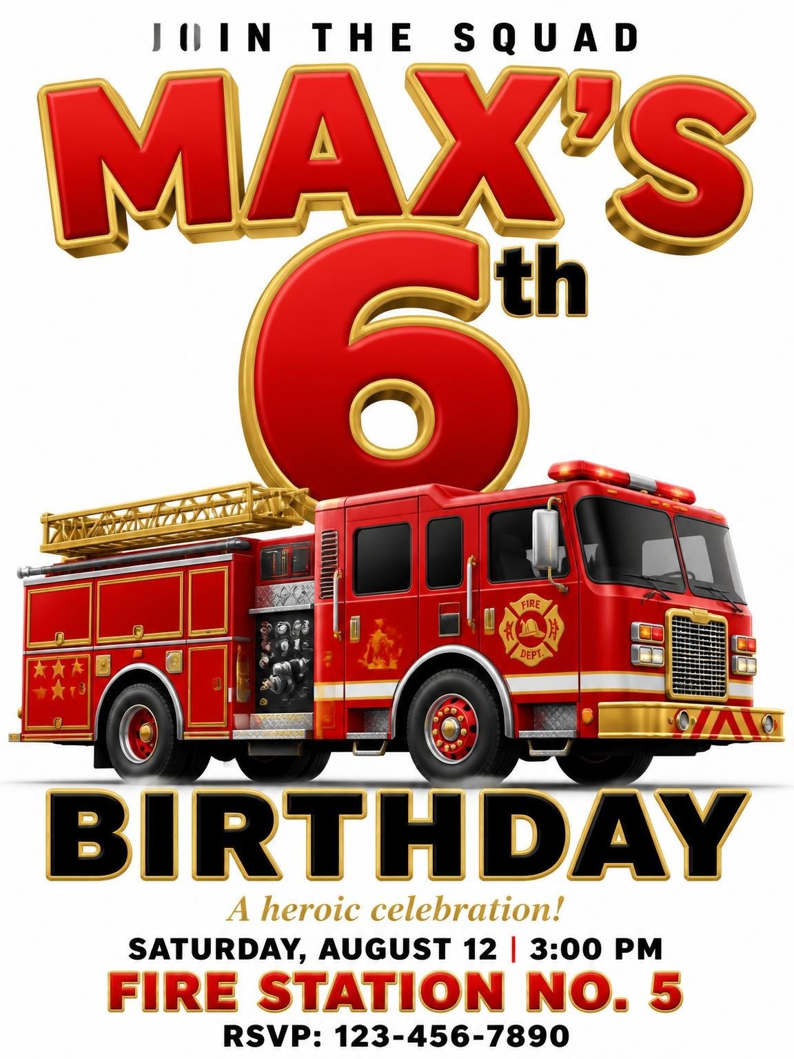 3D Fire Truck 6th Birthday Invitation
