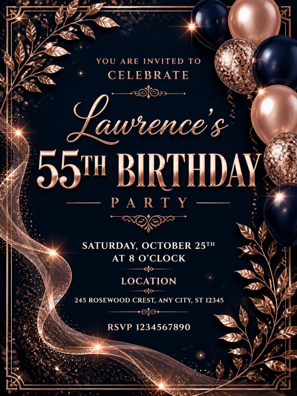 Navy and Rose Gold 55th Birthday Invitation