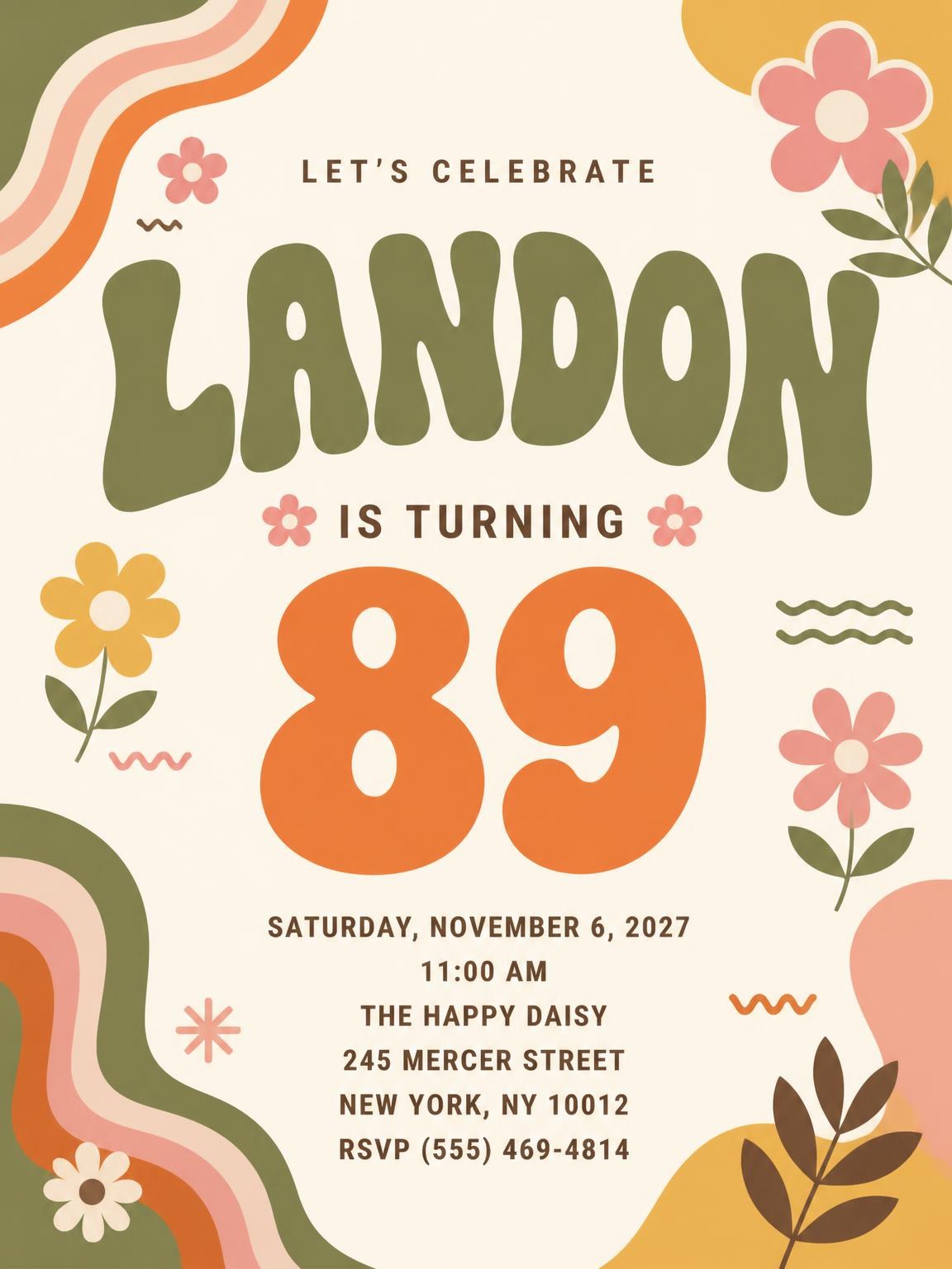 Groovy Retro 89th Birthday Invitation