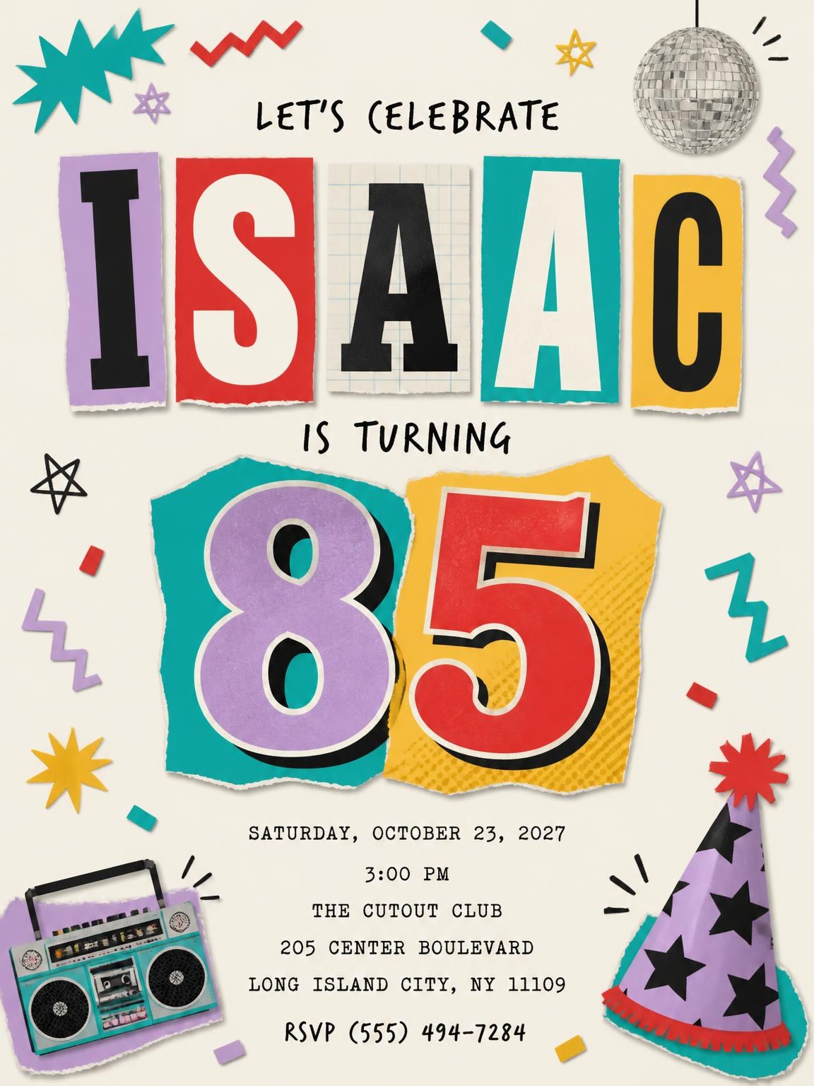 Retro Paper Collage 85th Birthday Invitation