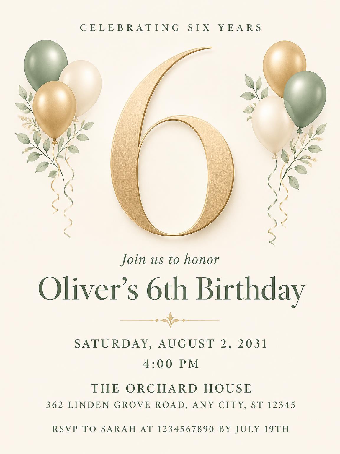 Sage and Ivory 6th Birthday Invitation