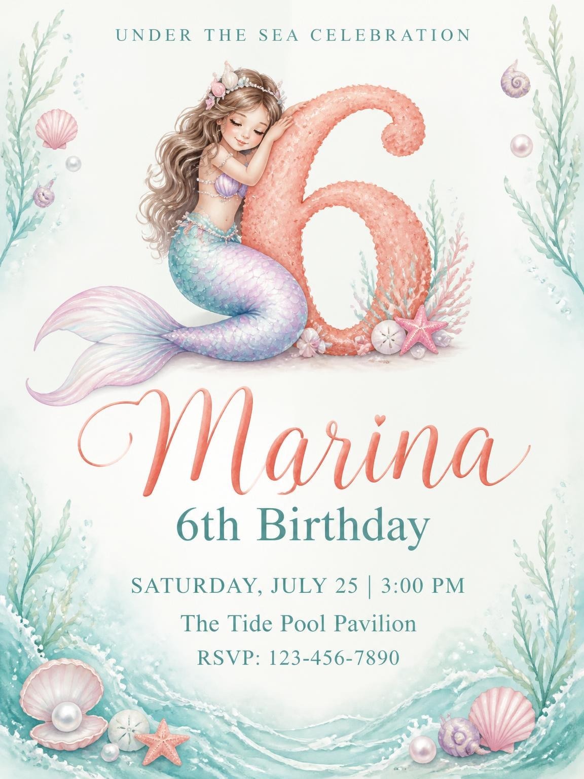 Pastel Watercolor Mermaid 6th Birthday Invitation