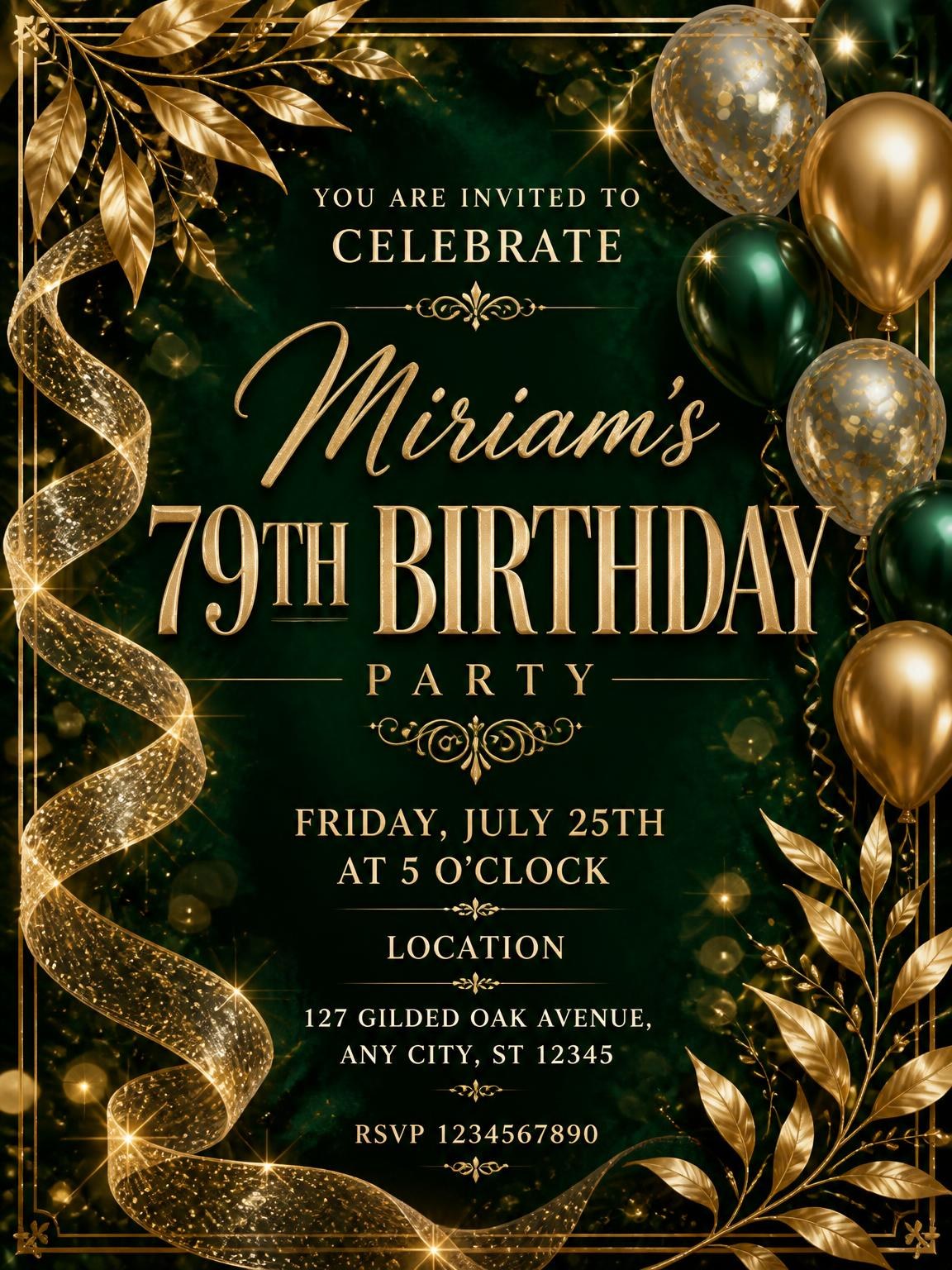 Emerald and Champagne 79th Birthday Invitation