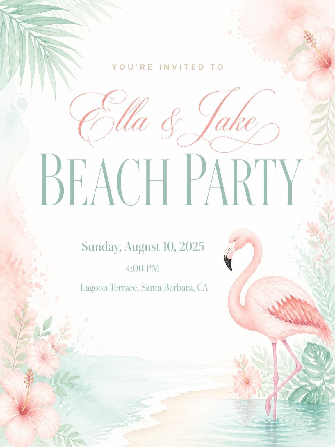 Watercolor Flamingo Tropical Beach Party