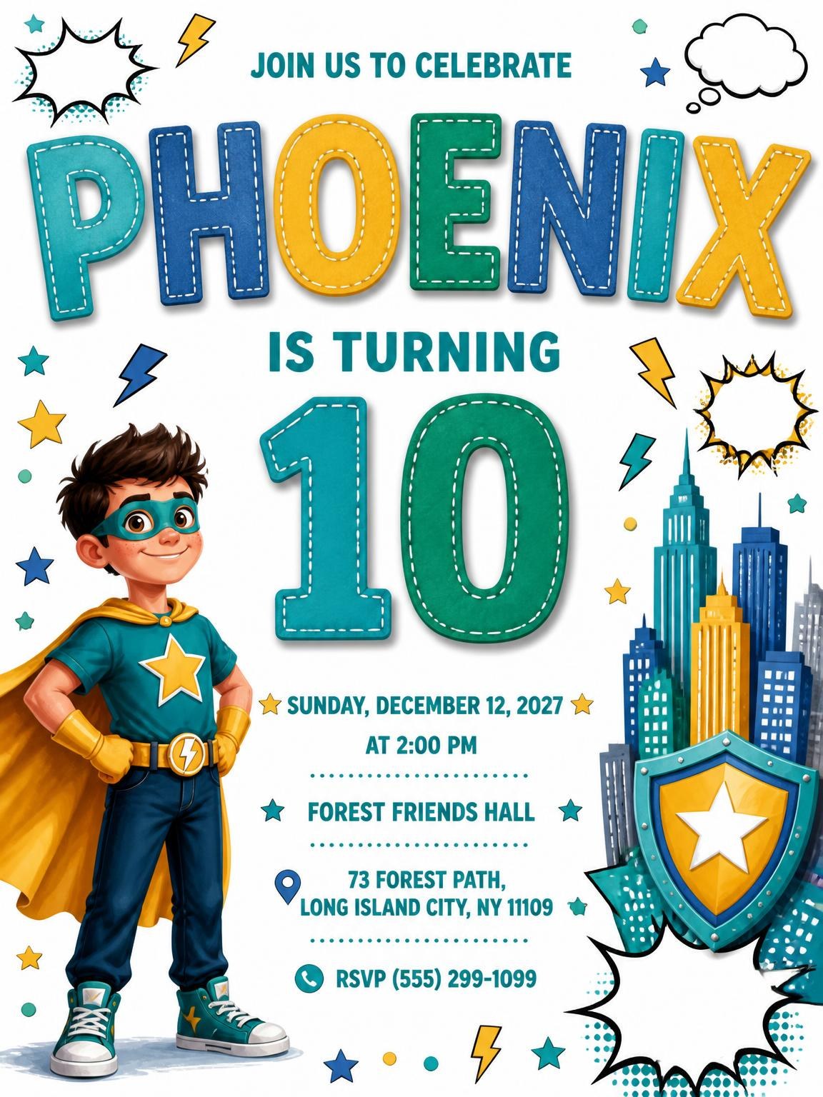 Superhero Shield 10th Birthday Invitation