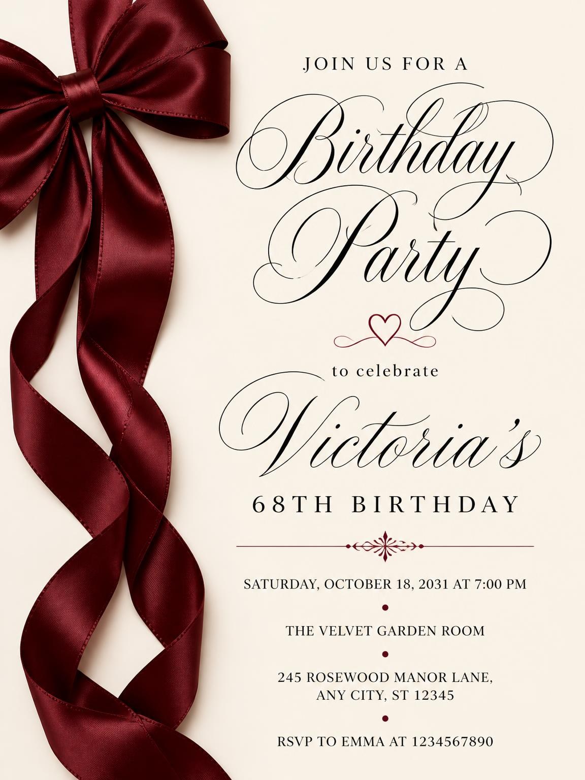 Burgundy Satin Bow 68th Birthday Invitation