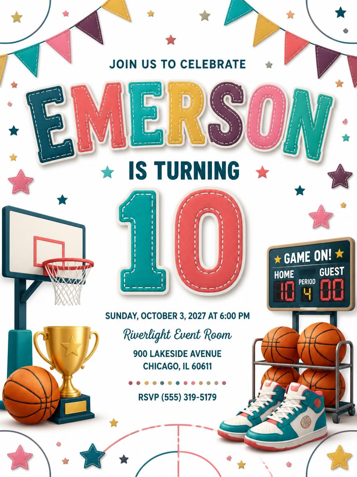 Stitched Basketball 10th Birthday Invitation