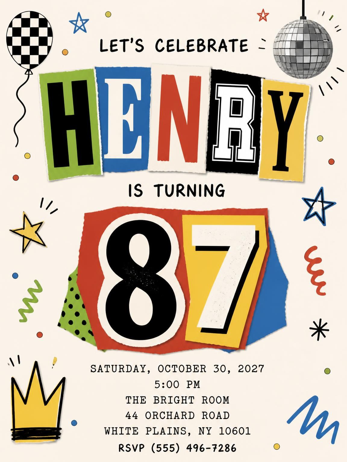 Retro Paper Collage 87th Birthday Invitation