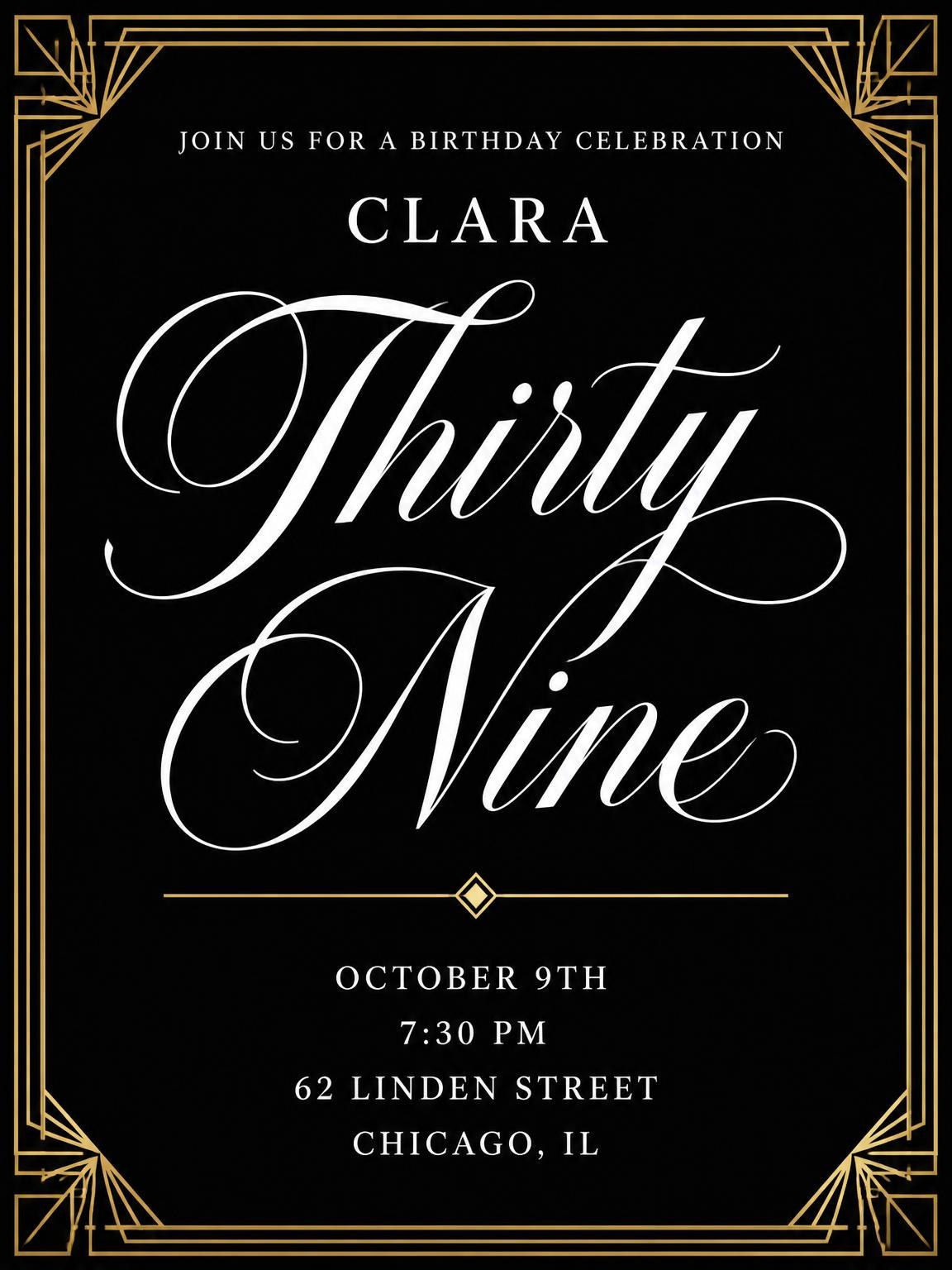 Art Deco 39th Birthday Invitation