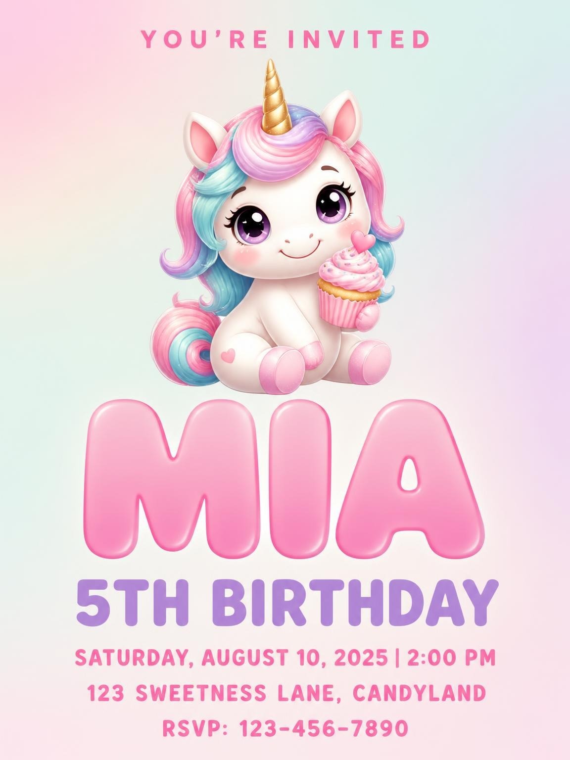 Pastel Unicorn Cupcake 5th Birthday