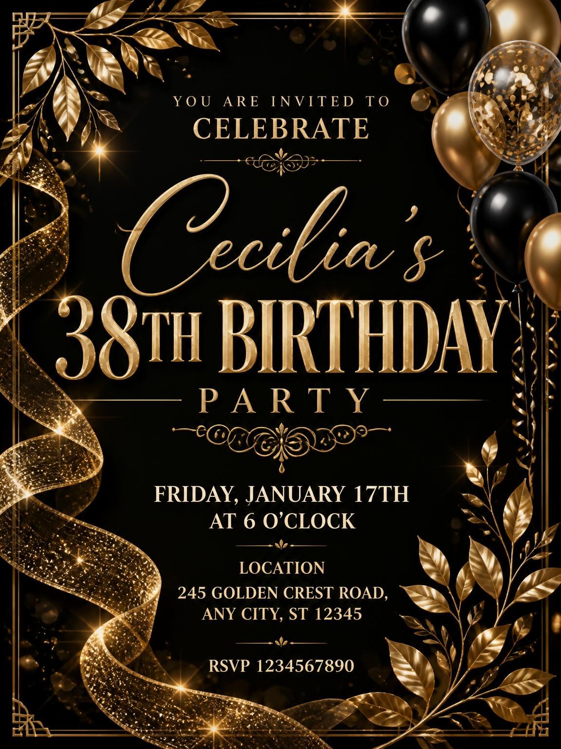 Black and Gold 38th Birthday Invitation