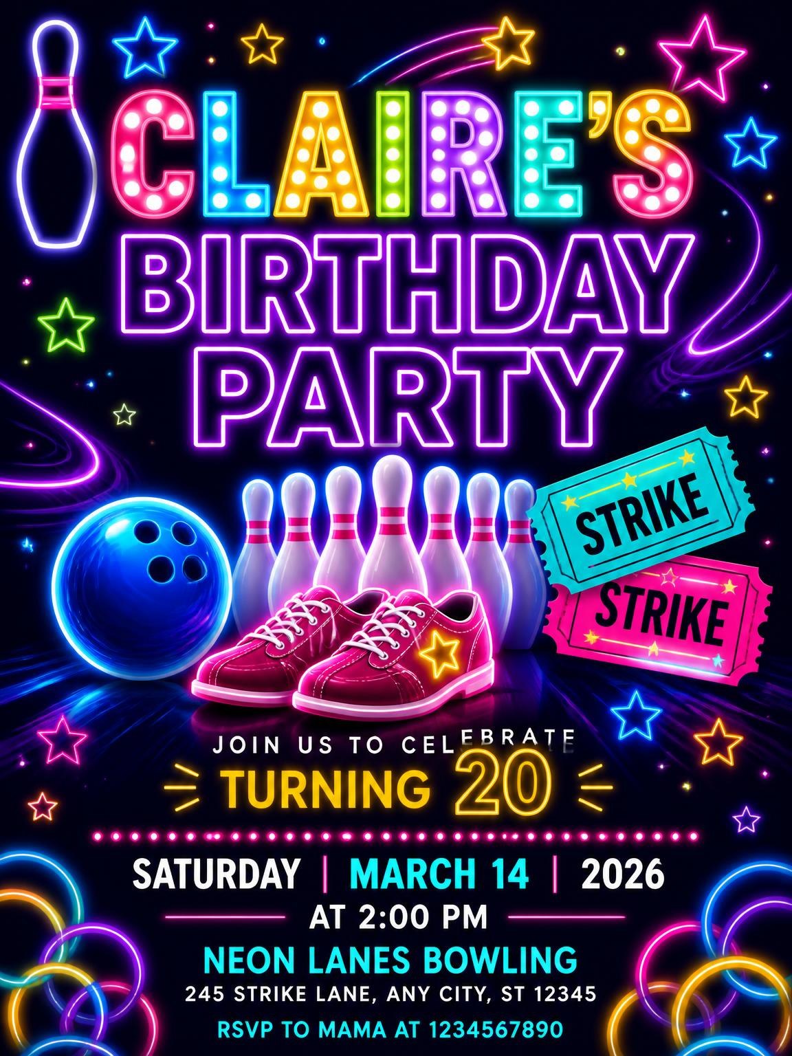 Neon Bowling 20th Birthday Invitation
