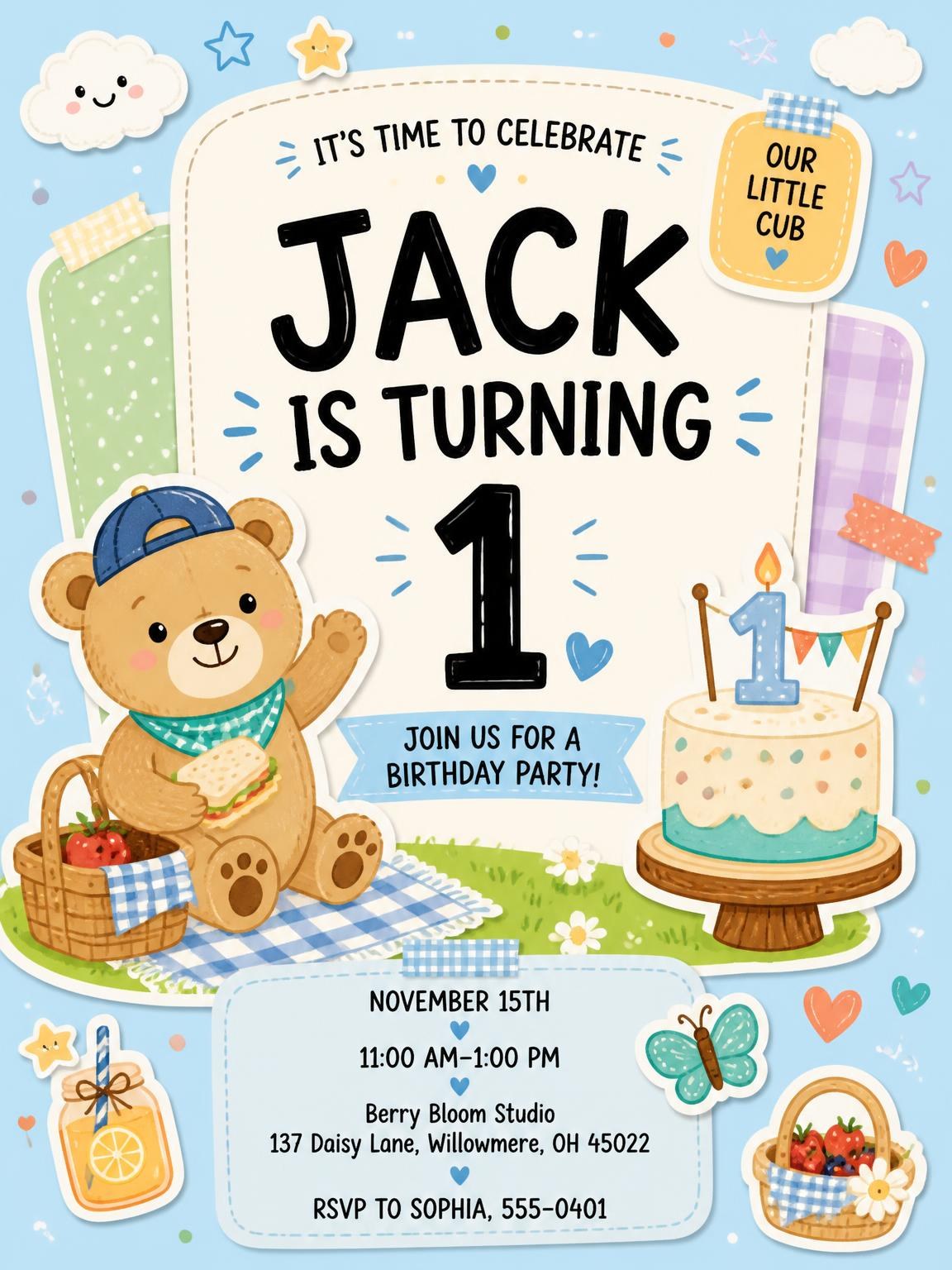 Bear Cub Pastel 1st Birthday Invitation