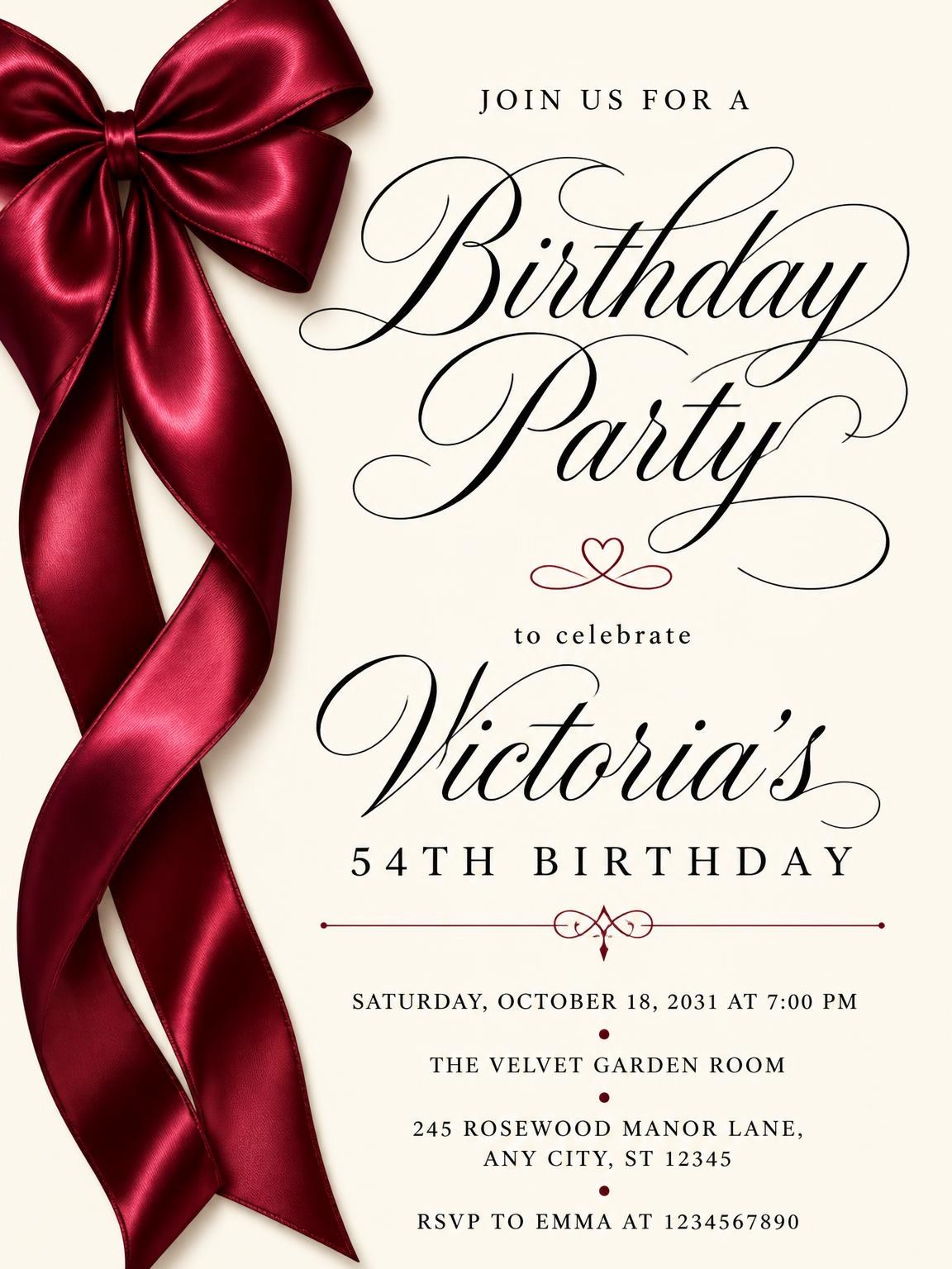 Burgundy Satin Bow 54th Birthday Invitation