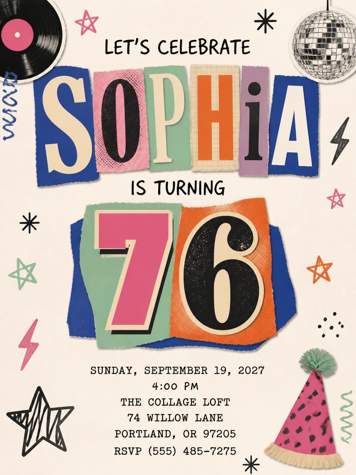 Retro Paper Collage 76th Birthday Invitation