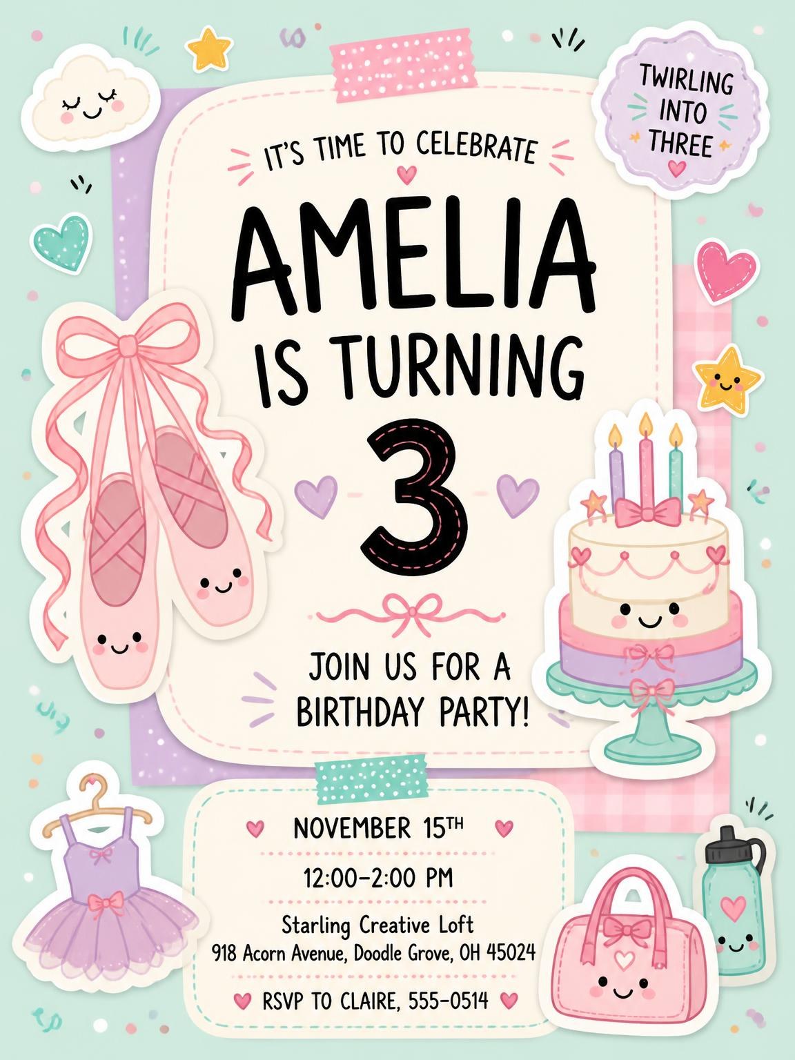 Ballet Slippers Pastel 3rd Birthday Invitation