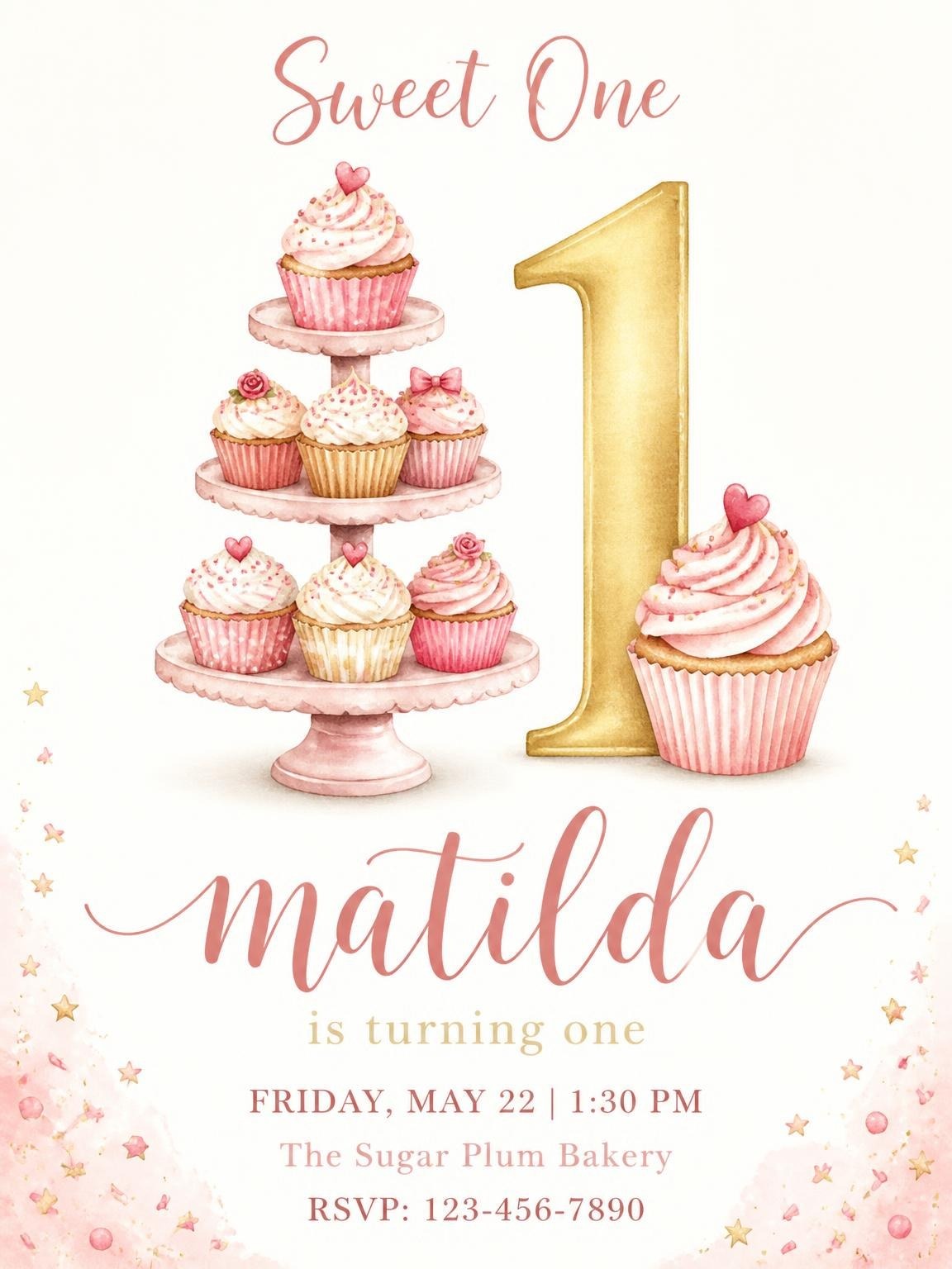 Watercolor Cupcake Gold Number 1st Birthday