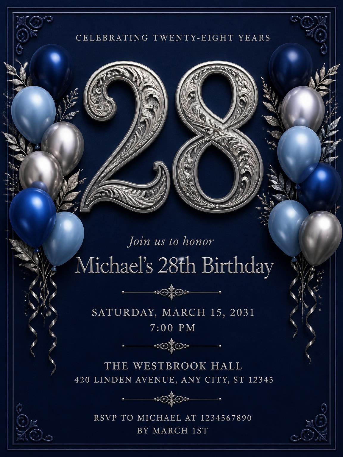 Navy and Silver 28th Birthday Invitation