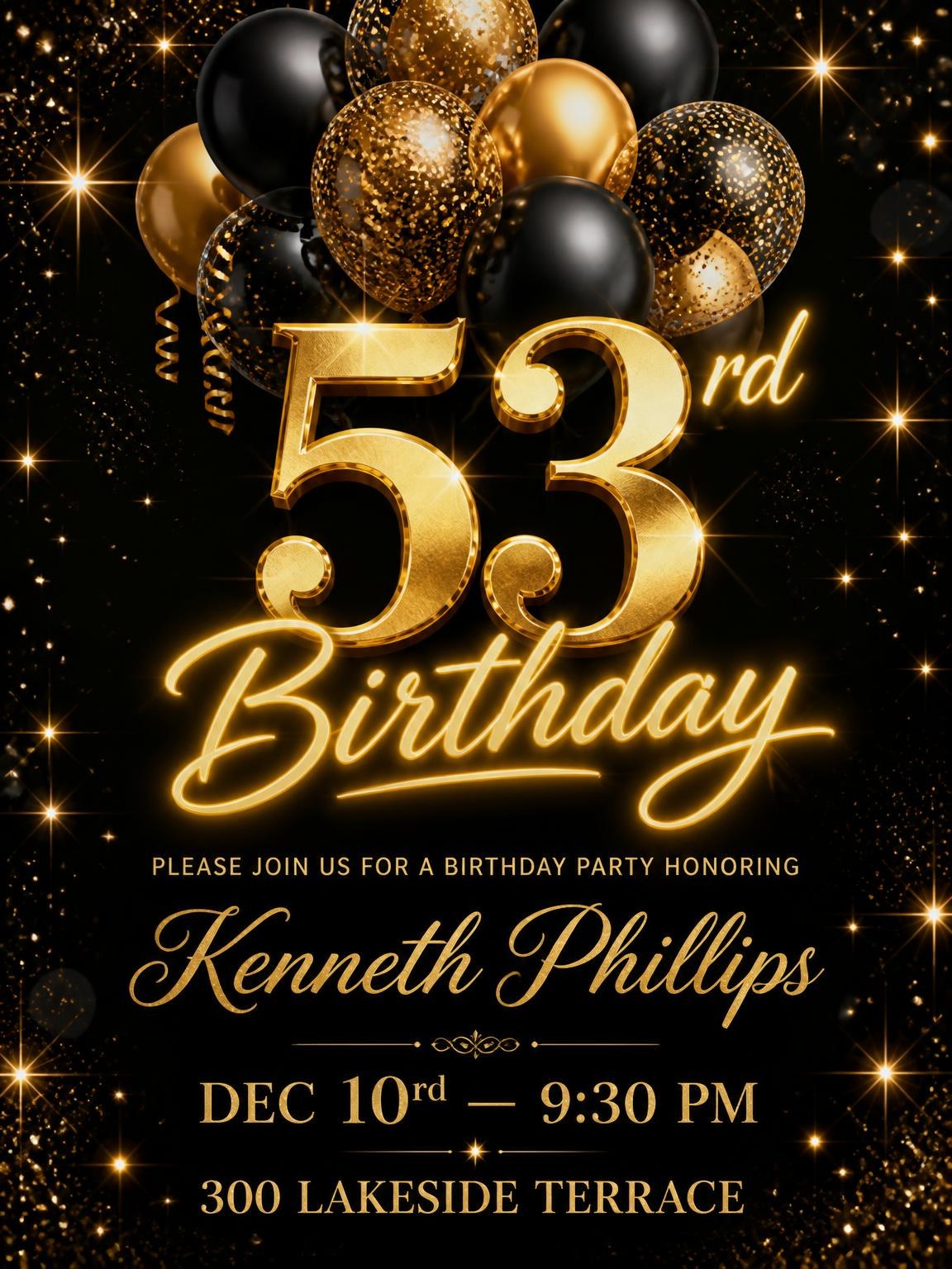 Black and Gold Balloon 53rd Birthday Invitation