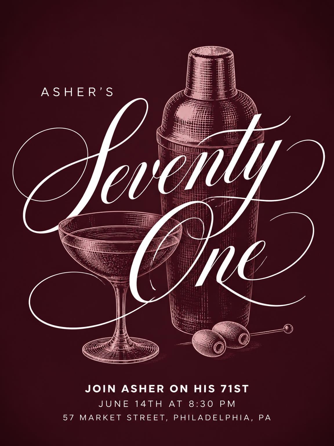 Burgundy Cocktail 71st Birthday Invitation